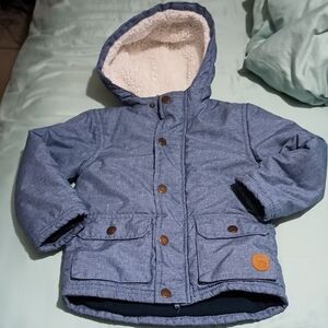 Little Me 2T Boys Jacket With Faux Sherpa Hood Fleece Lining Blue